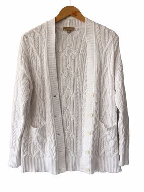 J Crew White Cable Knit Cardigan V Neck Pockets Relaxed Fit Sweater Spring S